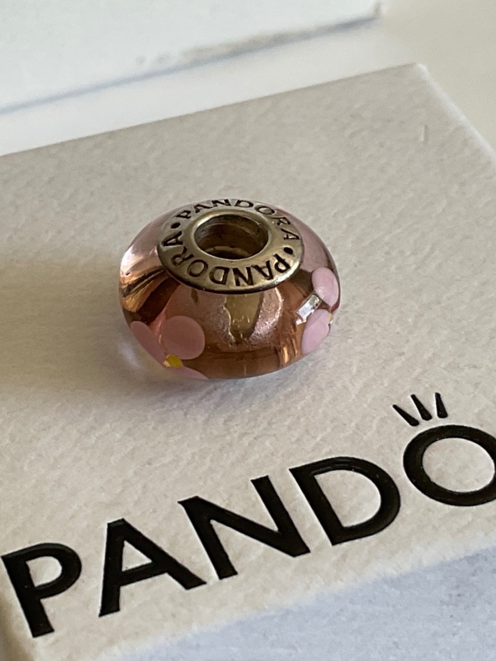 Pandora Pink Floral Murano Glass Charm Bead with Sterling Core
